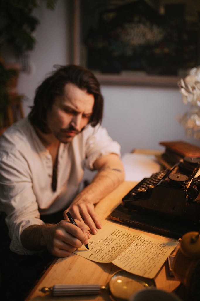 A Man Sitting at a table Writing on a Piece of Paper