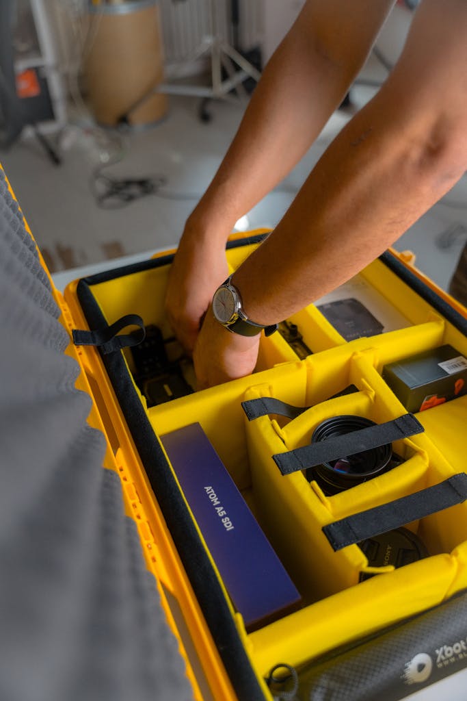 A person holding a yellow case with a camera inside
