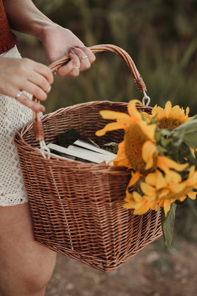 Basket of Books and Sunflowers