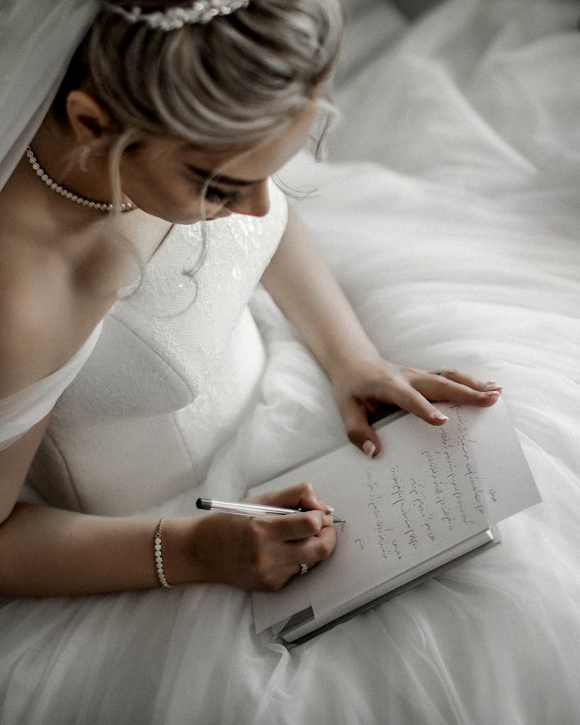 Woman in White Wedding Dress Writing on Book