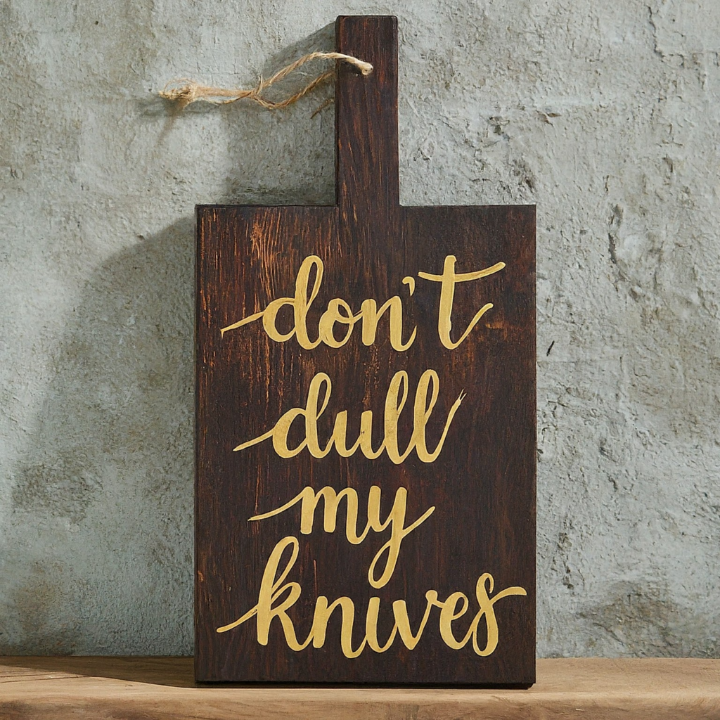 a kitchen board with text - Don't Dull My Knives