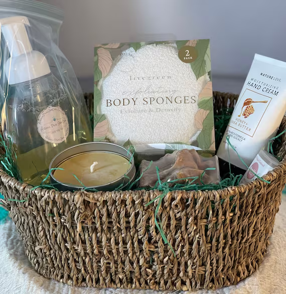 a bunch of relaxation products on a jute basket
