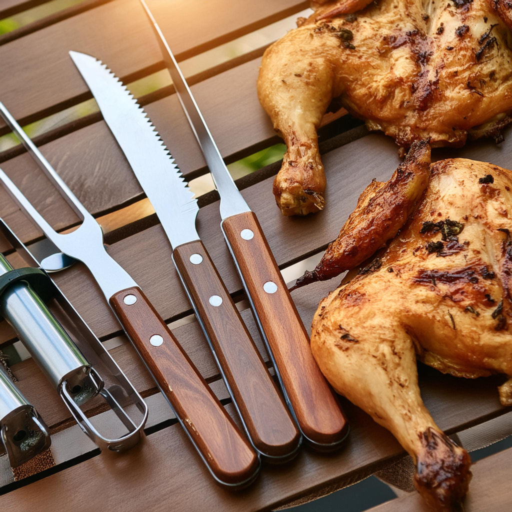 a set of grilling tools with grilled chicken beside it