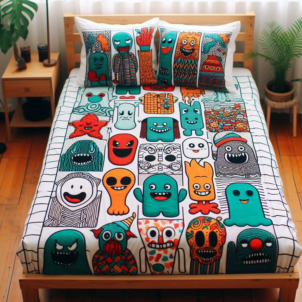 handmade bedsheet with funky characters