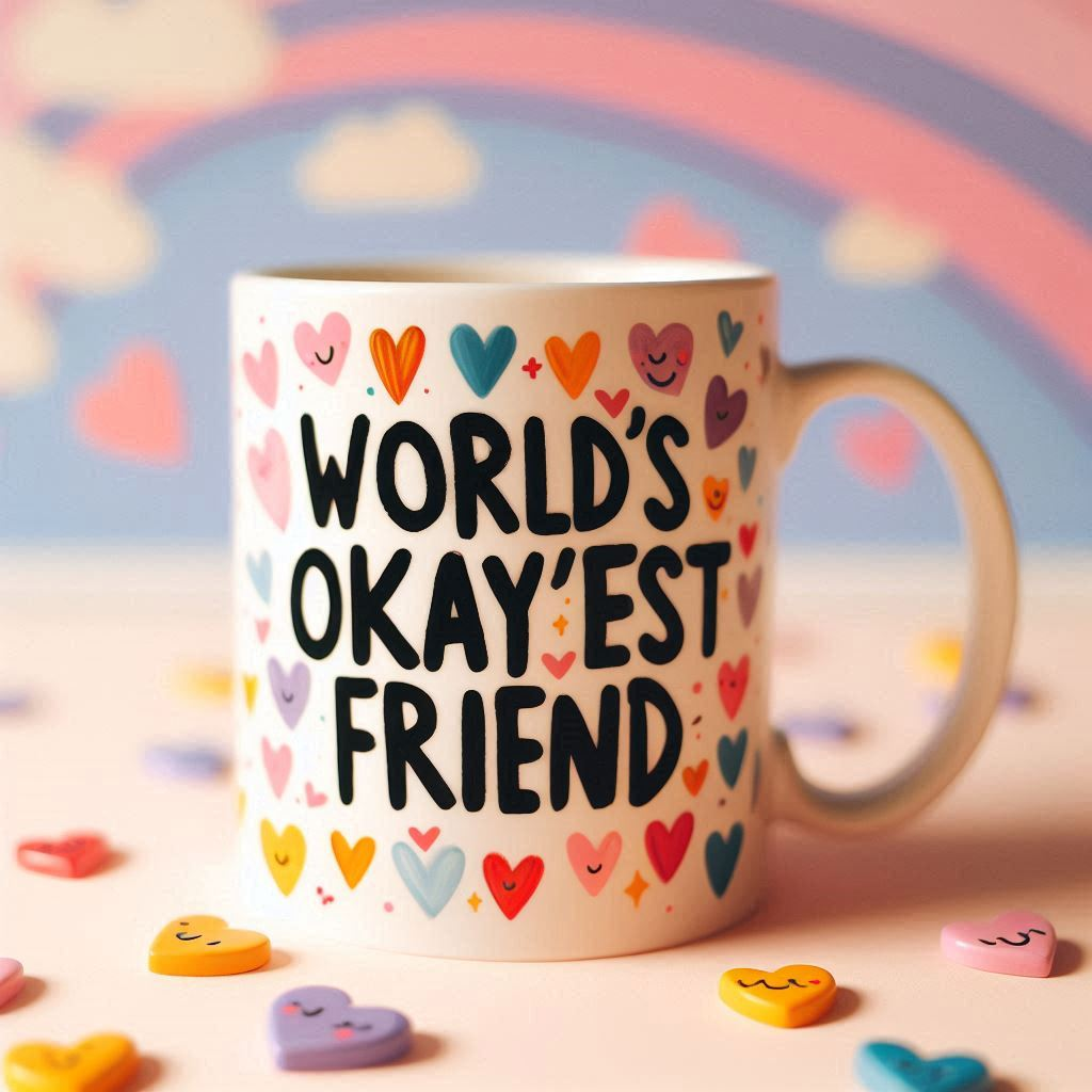 a cup with text - world's okay'est friend