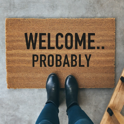a doormat with text "Welcome Probably"
