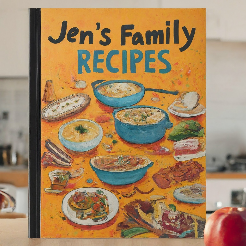 book cover titled "Jen's Family Recipes"